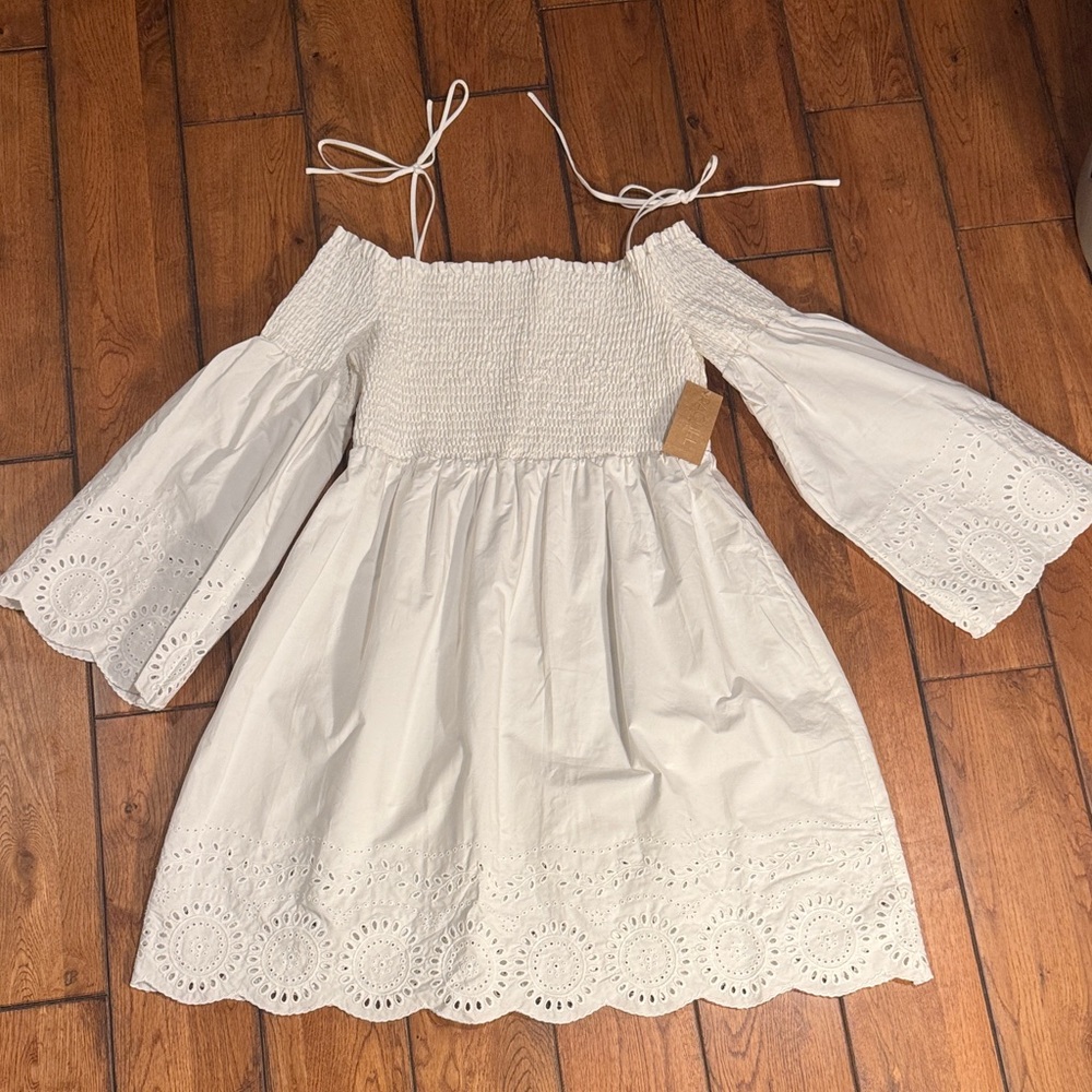 RACHEL Rachel Roy White Off-Shoulder Eyelet Mini Dress with Tie Straps